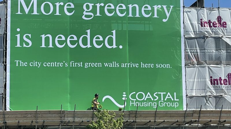 Worker in front of More greenery is needed sign