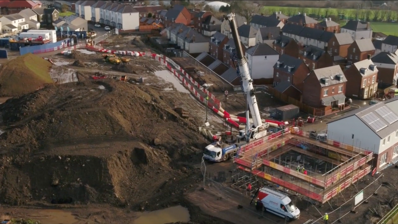 Drone photo of modular home installation at Coes Darcy